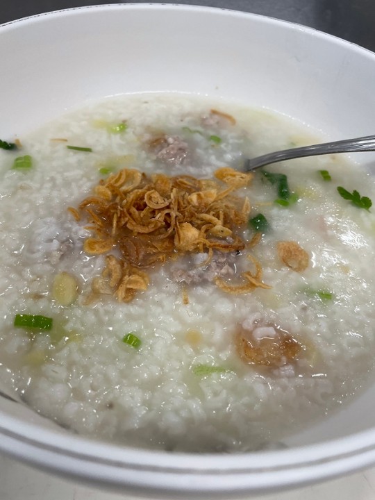 Rice Porridge (Jook) with Ginger and Pork Meatballs