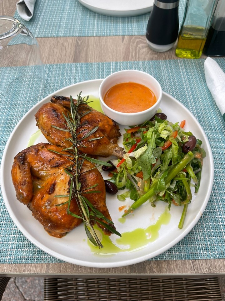 Whole Roasted Hen With Side of Salad And Sauce