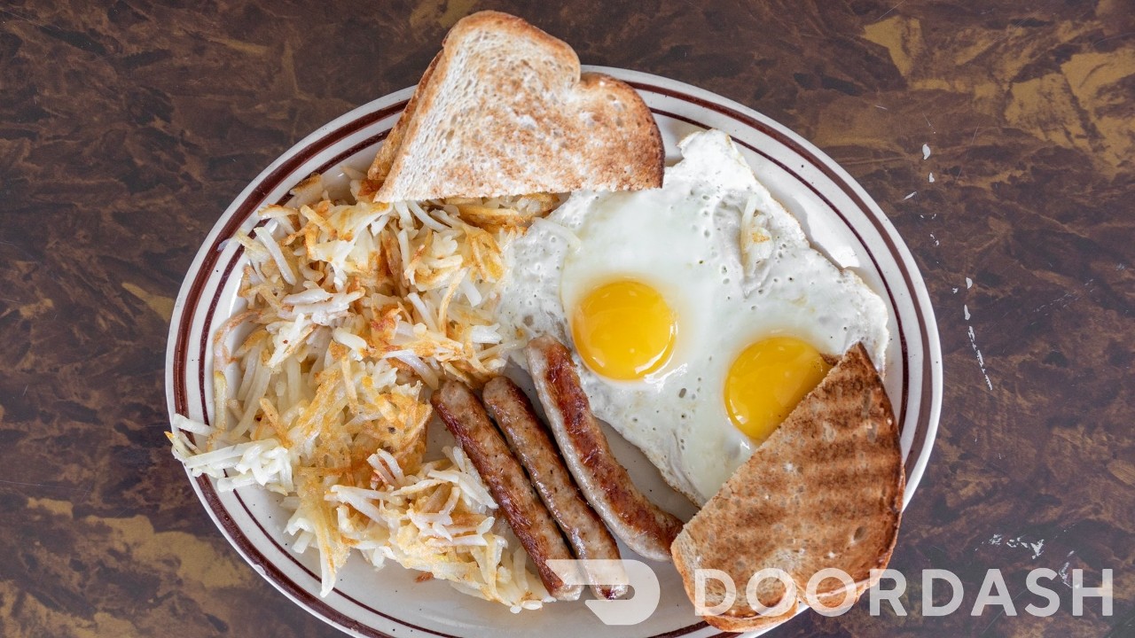 #3) 2 eggs, meat, hashbrowns, toast