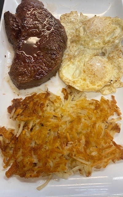 #4) Steak, eggs, hash browns, toast