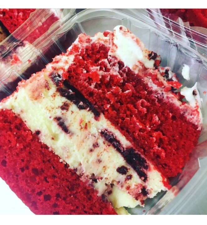 White Chocolate Red Velvet Oreo Cheesecake Cake Slice
