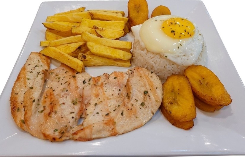 POLLO A LO POBRE / GRILLED CHICKEN TOPPED WITH AN EGG, RICE , MADUROS & FRIES