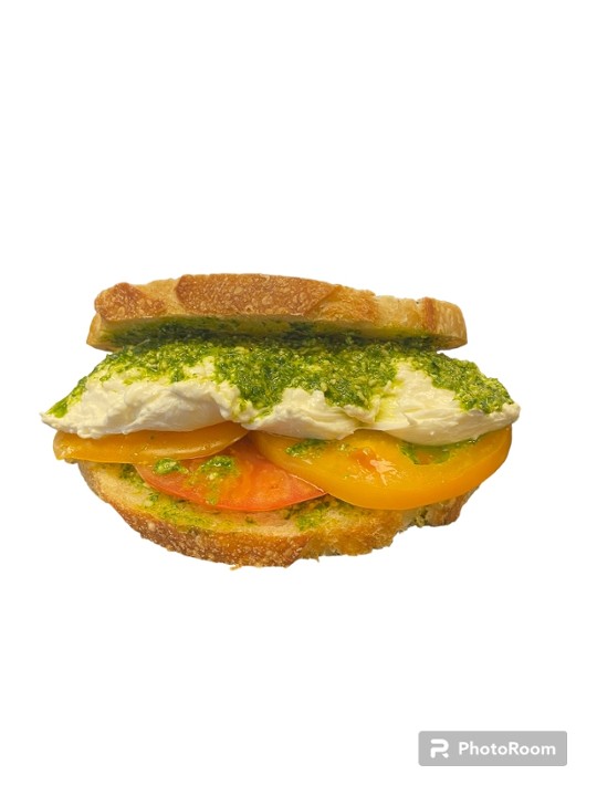 Burrata Caprese Sandwich With Heirloom Tomato & Lemon Arugula Pesto