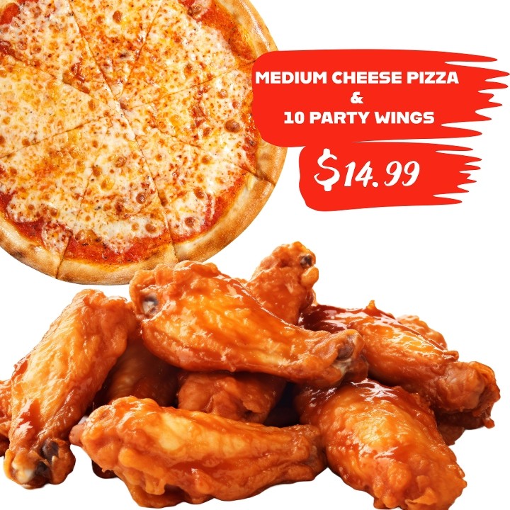Medium Cheese Pizza & 10 Party Wings (Thursday Special $14.99 Only)