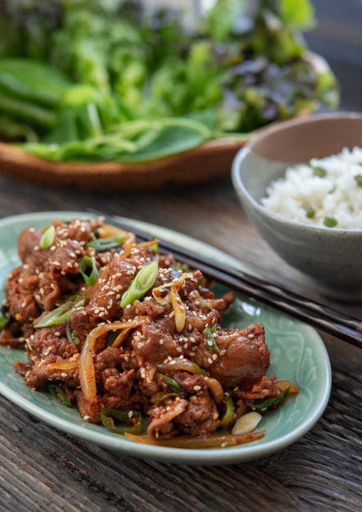 Spicy Pork Bulgogi + Banchan + Lettuce Wraps