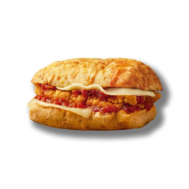 Chicken Parmesan sandwich with chips and pickle