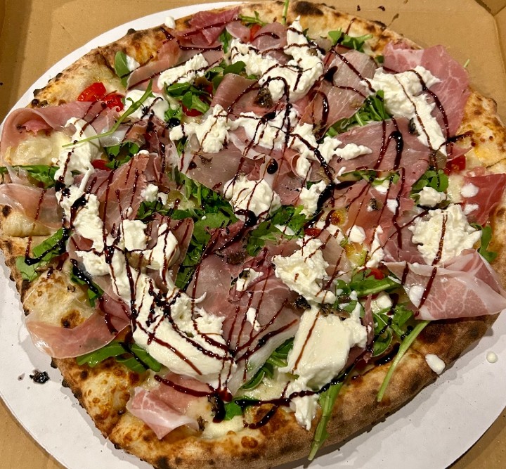 Large “Chef’s Special” Pizza: Prosciutto, arugula & burrata mozzarella