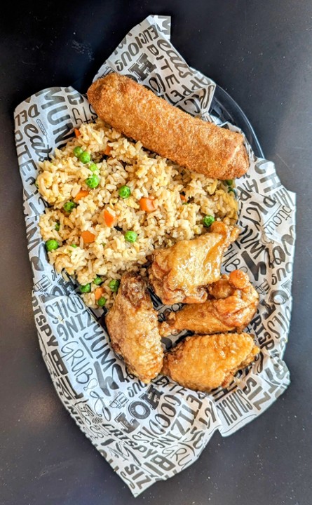 4pc Wings with Fire Wok Stir Fried rice and 1pc vegetable eggroll