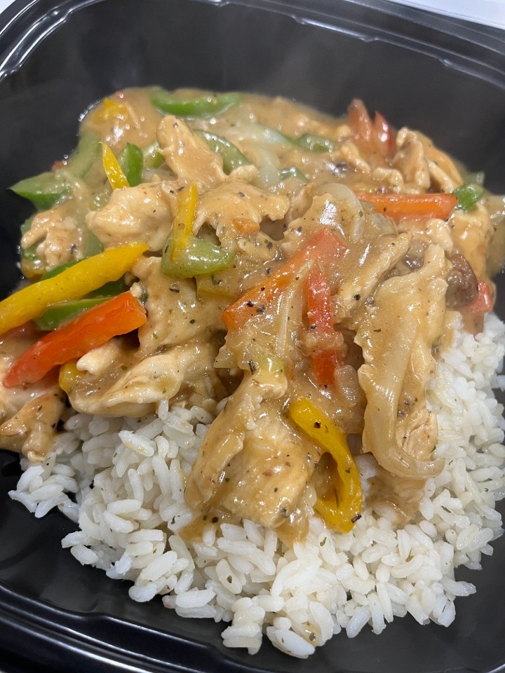 Chicken Peppers N Rice Over Gravy