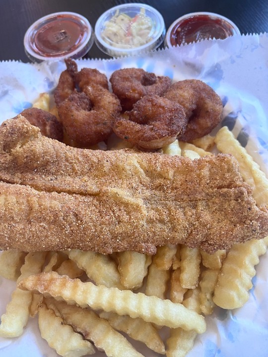 1pc of Walleye and 6 regular shrimp deep fried