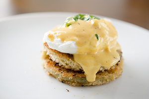 Crab Cake & Fried Green Tomato Benedict (What's Fresh)