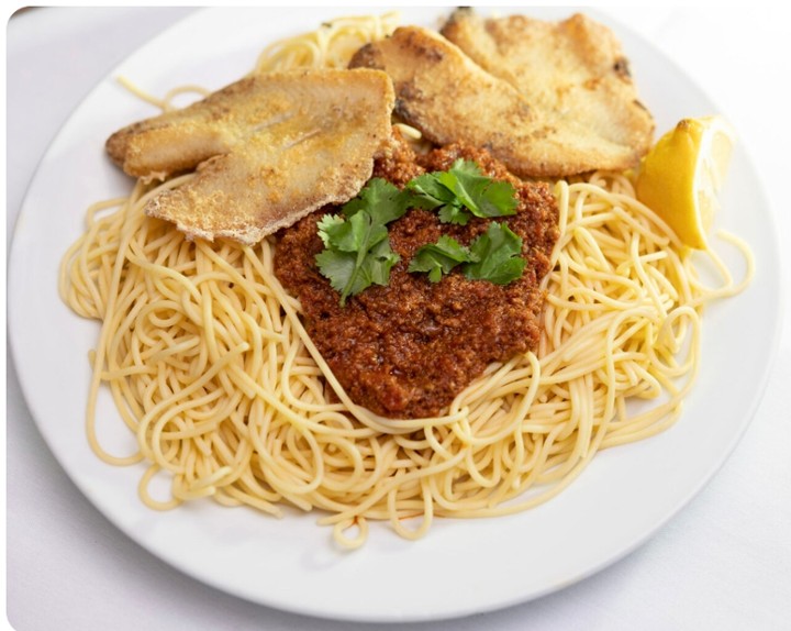 spaghetti  or macaroni tomato sauce w/side of cotelet fish