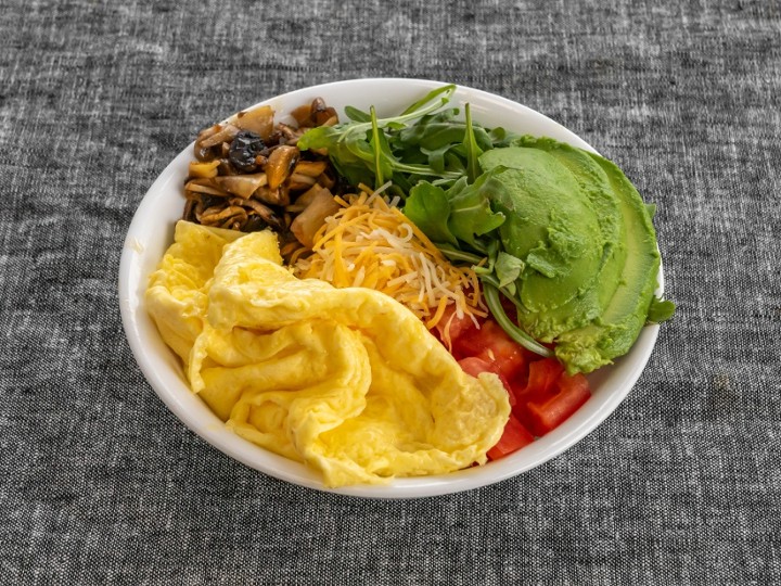 Fajita Breakfast Bowl (Eggs, Fajita Peppers and Onions, Hashbrowns, Shredded Cheese, Tomato, & Sliced Avocado over Arugula or Spinach)