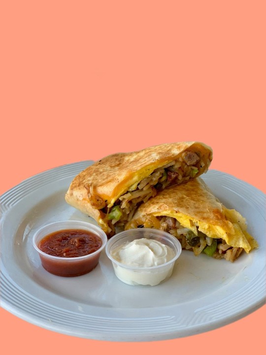 Spicy Chorizo Breakfast Burrito (eggs, chorizo, crispy potatoes, cheese, jalapenos, and sauteed onions and peppers)