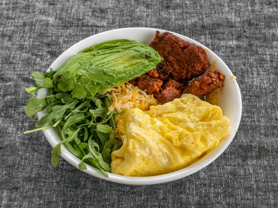 Chorizo Breakfast Bowl (Eggs, Chorizo, Hashbrowns, Shredded Cheese, & Sliced Avocado over Arugula or Spinach)