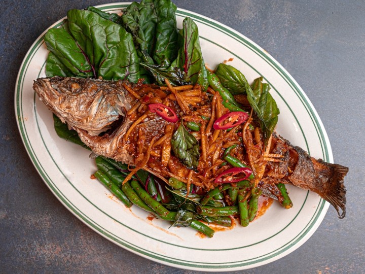 Whole Branzino with Spicy Kaffir Lime Curry