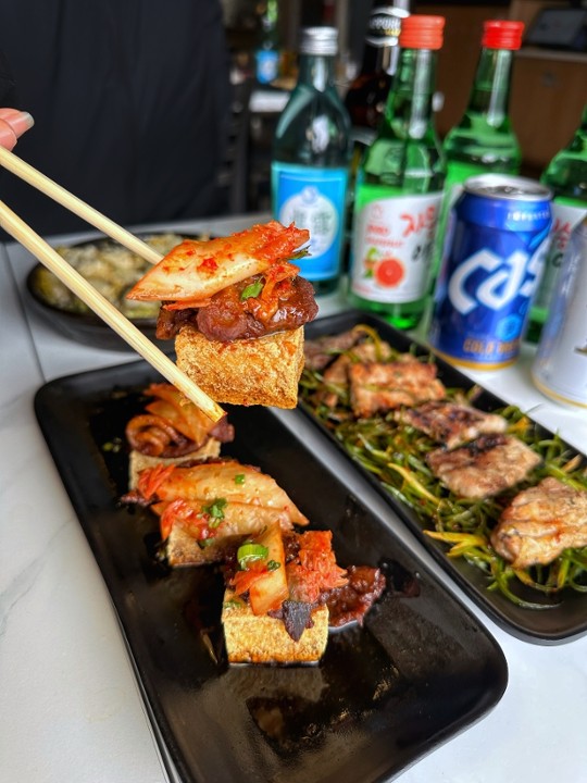 Crispy Tofu Bites w/ Spicy Pork Bulgogi and Kimchee