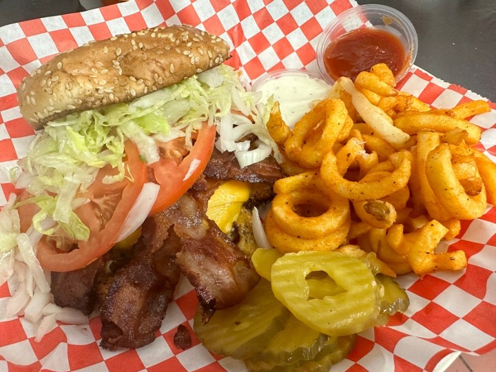 Bacon Burger with Curly Fries