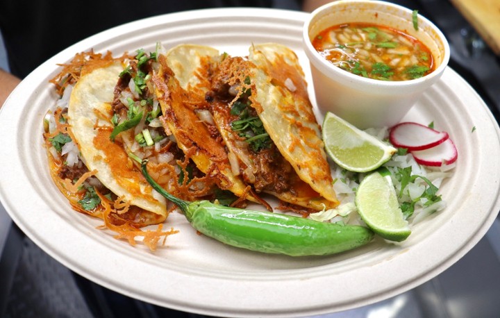 3 super crispy birria tacos ( marinated shredded beef ) with dipping broth