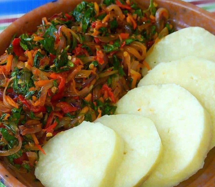 Vegetable medley  and  boiled yam/plantain