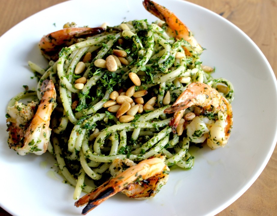 BUCATINI PESTO WITH GRILLED SHIMP