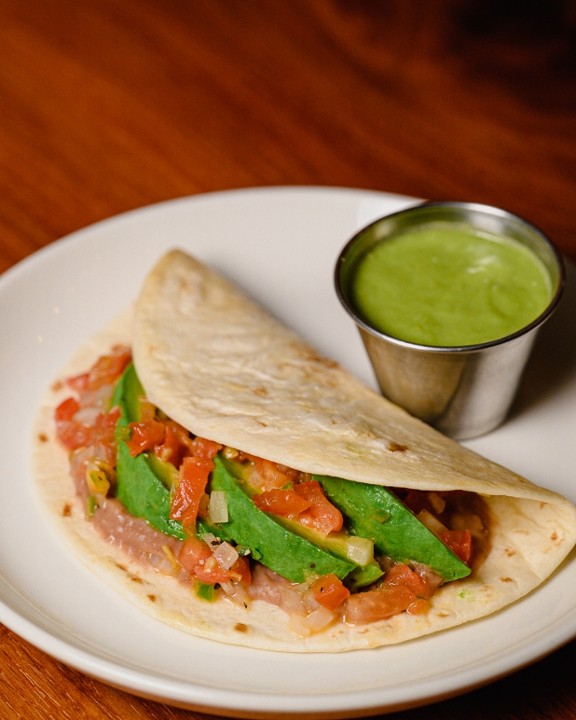 Refried bean, avocado, onion, tomato, serrano