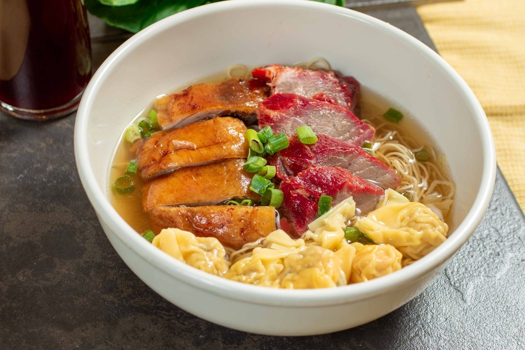 Shrimp Dumpling Noodle Soup w/ Roast Duck and Pork 水饺叉憢鸭面