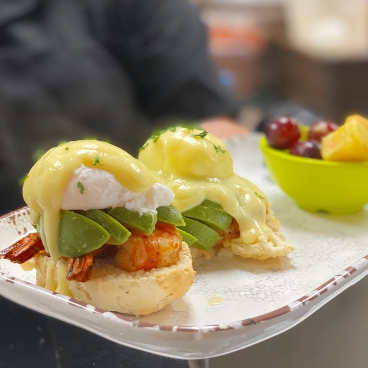 Shrimp Egg Benedicts Served with Fruit