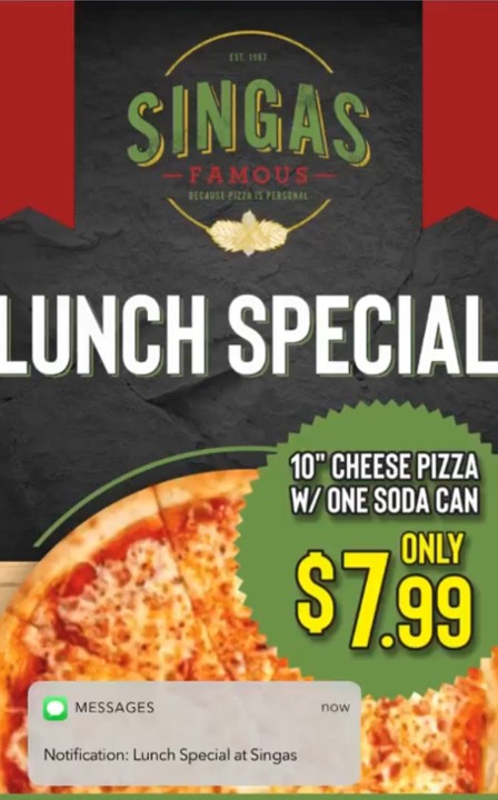 Lunch Special Cheese Pizza and Can of soda