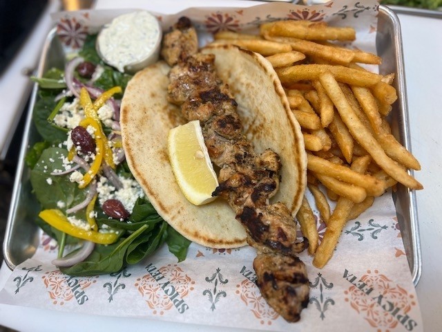 Greek Chicken Souvlaki Plate Served With Fries