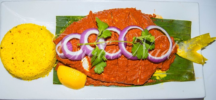 WHOLE FISH ON BANANA LEAF (Gluten-Free, Spicy)