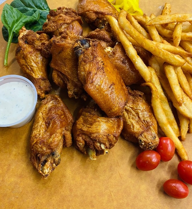 10-Bone In Jumbo Wings w/ 10oz of Crinkle Cut Fries