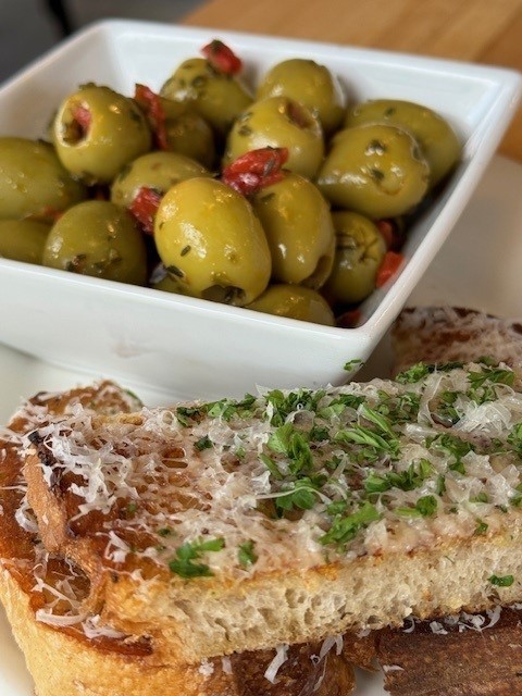 Marinated Olives & Garlic Parm Bread