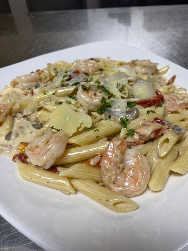 Penne with White Clam Sauce and Shrimp