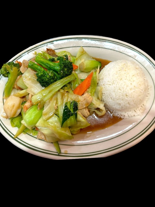 L11 Chicken, Shrimp, Squid, Fish Cake w/ Vegetable Over Rice