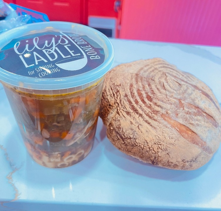 Quart of Soup and Whole Fresh Bread Loaf