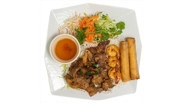 Grilled shrimp, (choice of pork, beef, or chicken) & egg rolls (2) vermicelli
