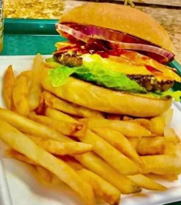 Cheese Burger / French  Fries + Soft Drinks