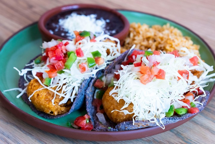 Baja Fish Tacos + Rice and Beans