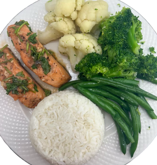 Grill Salmon with  fry rice and vegetable