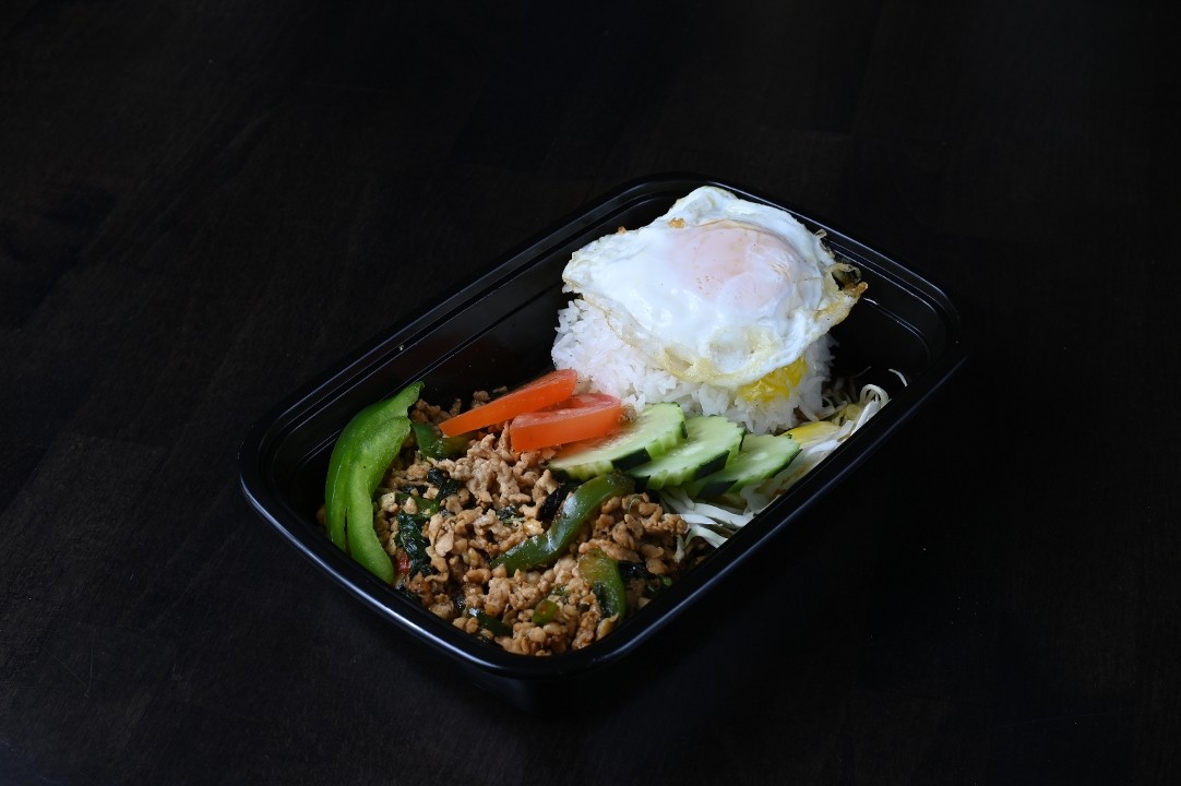 Pad Kra Prau with Rice and Fried Egg