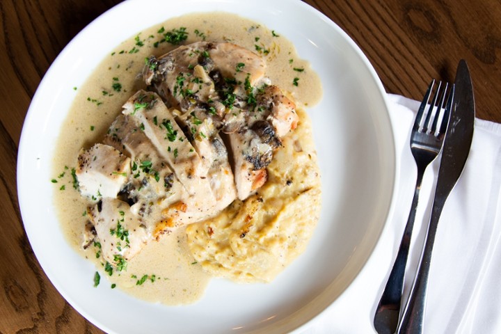 Stuffed Chicken Breast desc: sautéed chicken stuffed with mushrooms, mozzarella & parmesan cheese over cheese mashed potatoes