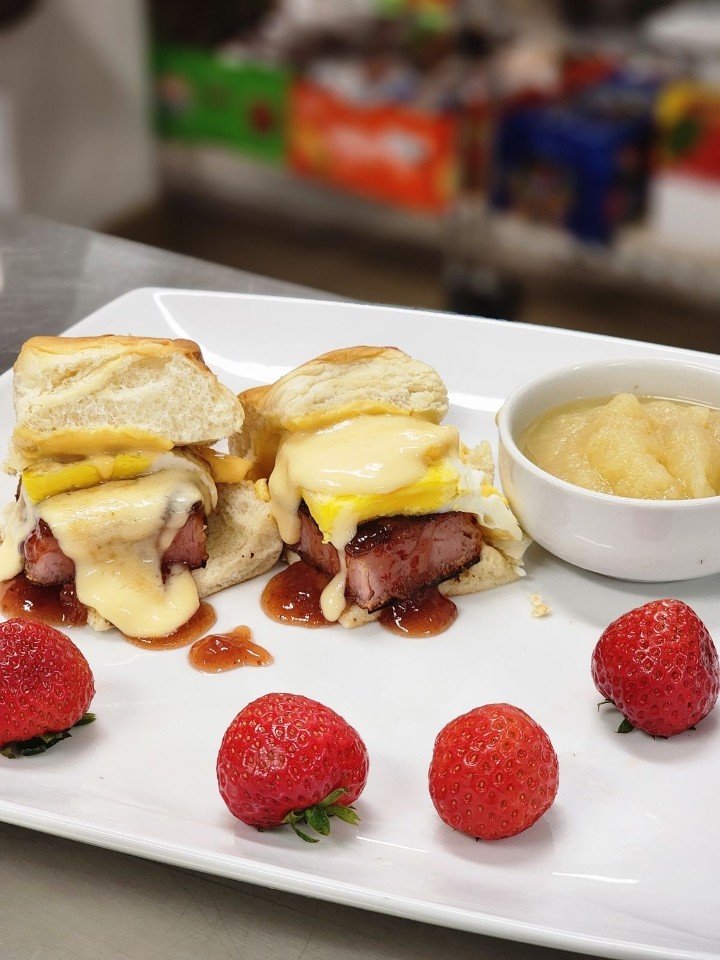 5/31/24-Hawaiian Breakfast Sandwich with SPAM & Fried Egg, American Cheese with Spicy Strawberry Spread (Copy)
