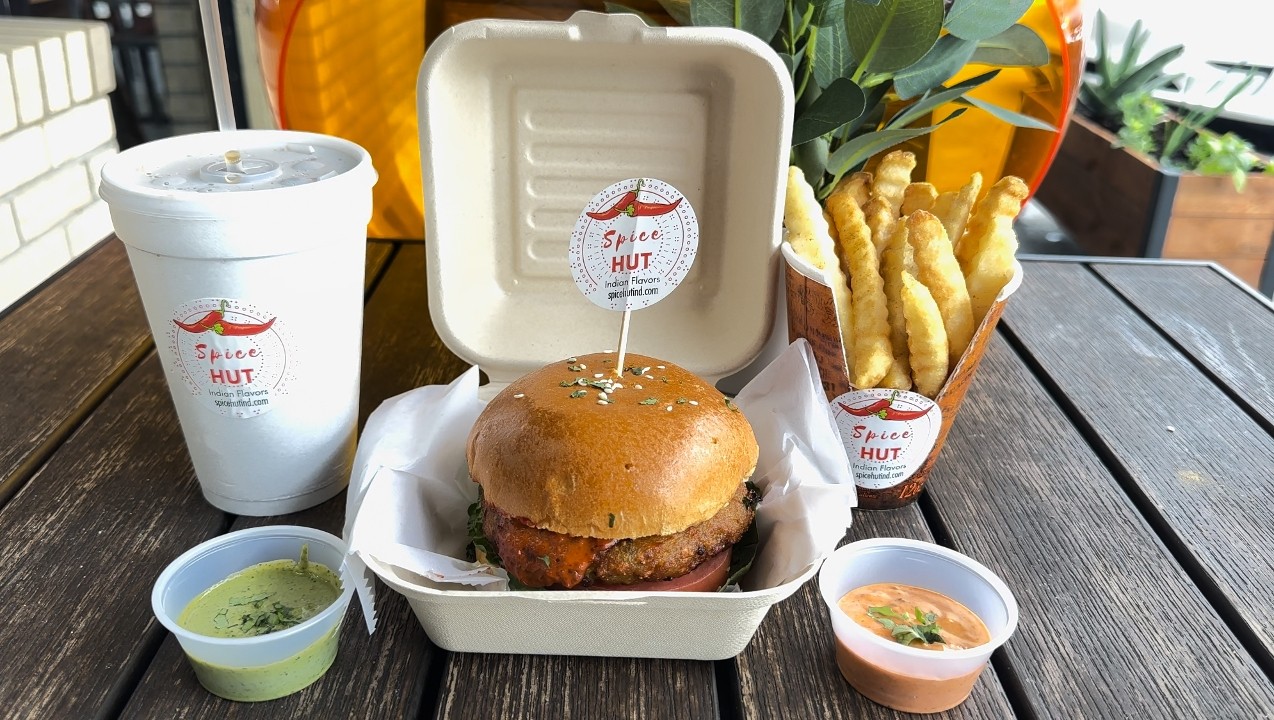 Veggie Indian Burger with Masala fries and Soda