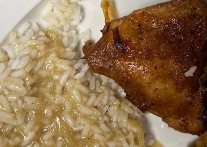 Baked Chicken, Rice and Gravy with One Side
