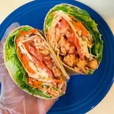 Grilled Salmon Wrap (lettuce, tomatoes, onions, honey mustard)