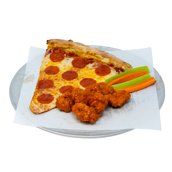 #19 (1) Slice Cheese or Pepperoni 6 Chicken Wings + Free Soda