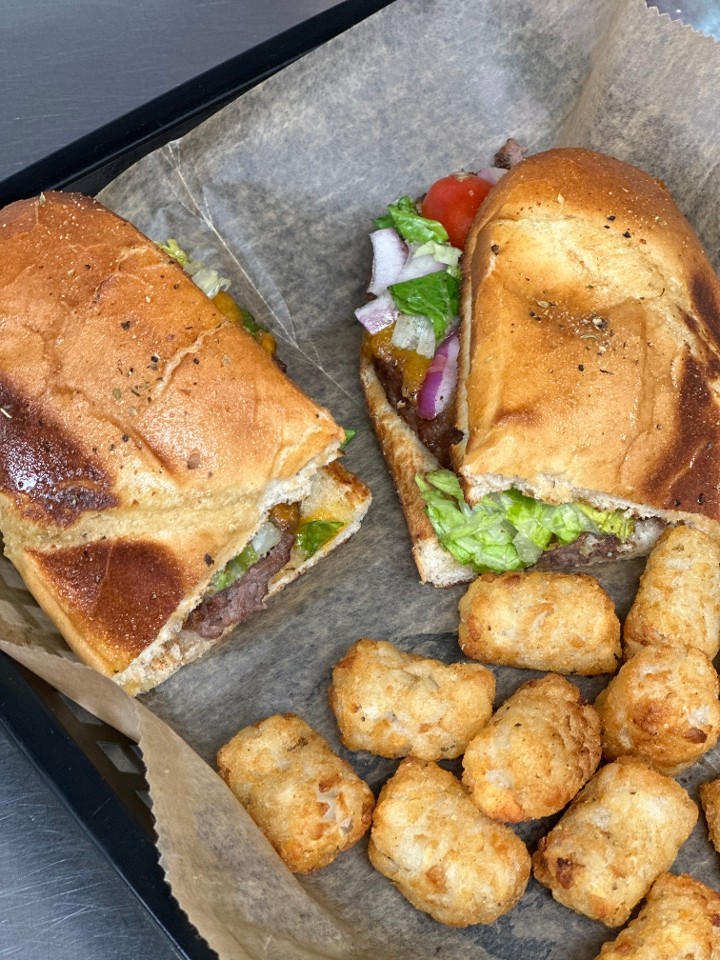 Sports Burger with tater tots