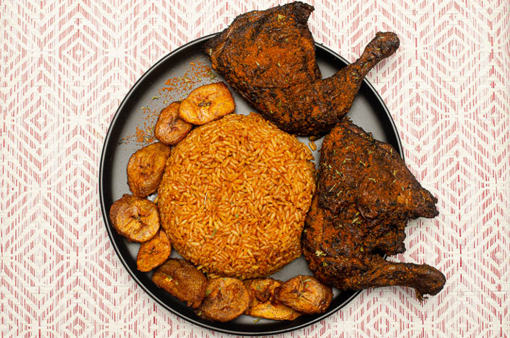 Chicken Suya with Jollof rice and Plantains