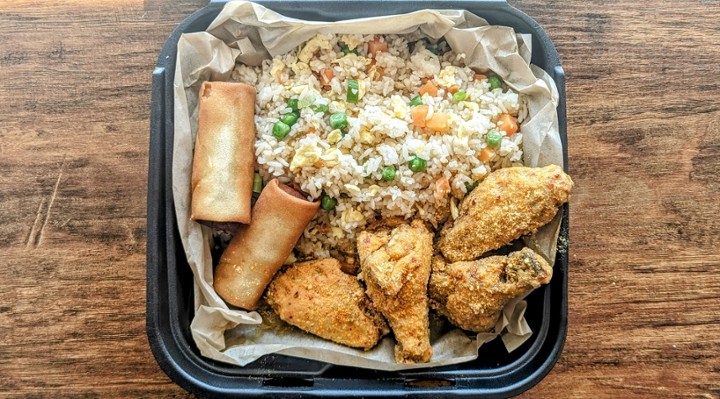 4pc wings with stir fried rice and 1pc eggroll